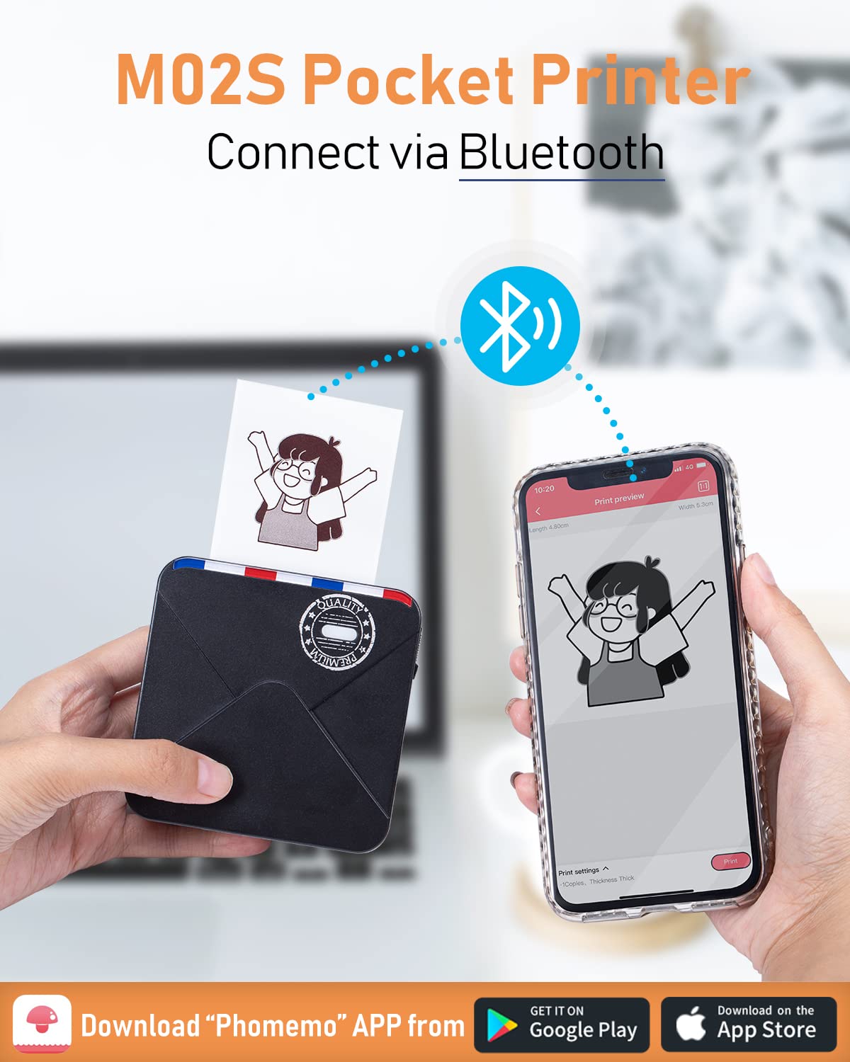 Phomemo M02S 300 DPI drukarka termiczna, mini drukarka kieszonkowa